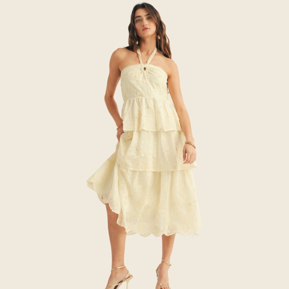NWT Just me Yellow Eyelet Halter Tiered Midi Dress Summer Party (Large)